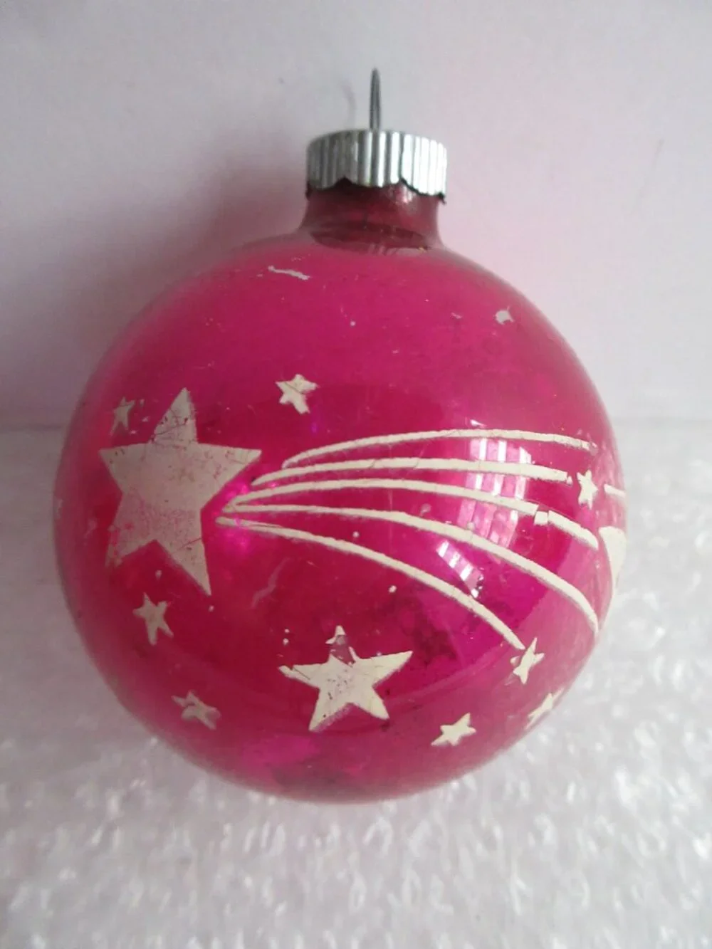Pink Shiny Brite Moon & Star Atomic Stencil Christmas Ornament 10 Cent Cap Vtg
